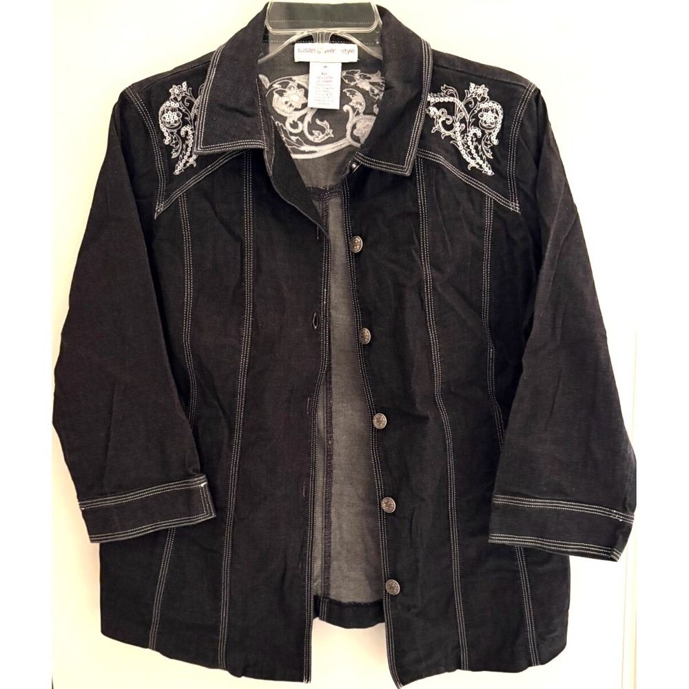 Susan Graver Style Womens Sz: M Denim Button Metallic Embroidered Top Western